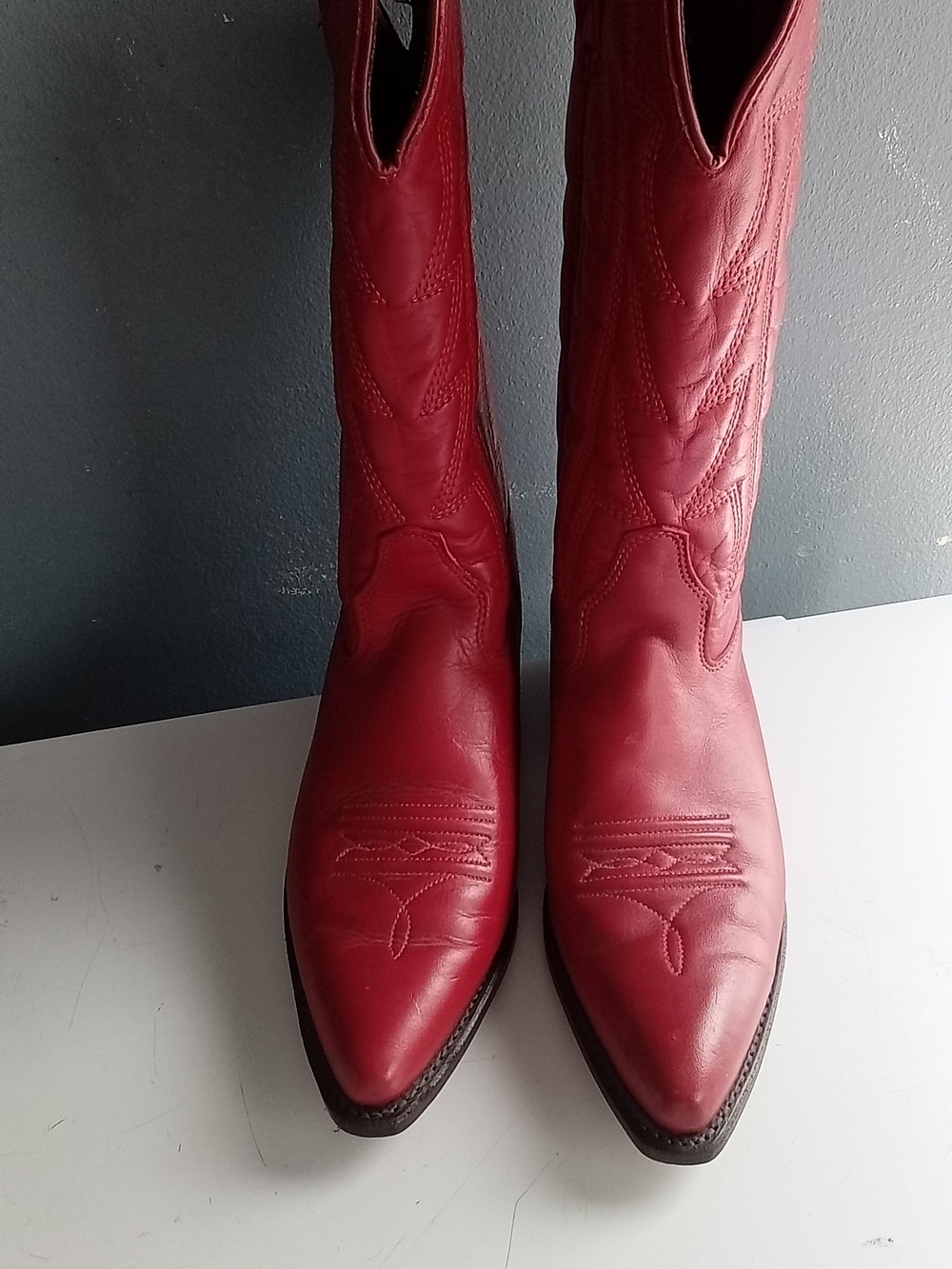 Vintage Red Leather Western Cowboy Boots Pointed Toe Embroidered Tall